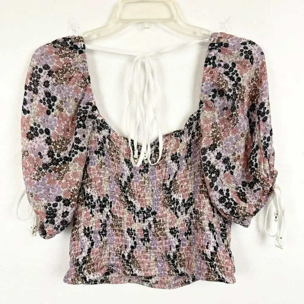 NWT‎ Free People Back On Top Smocked Puff Sleeve Floral Tie Detail Blouse Size S